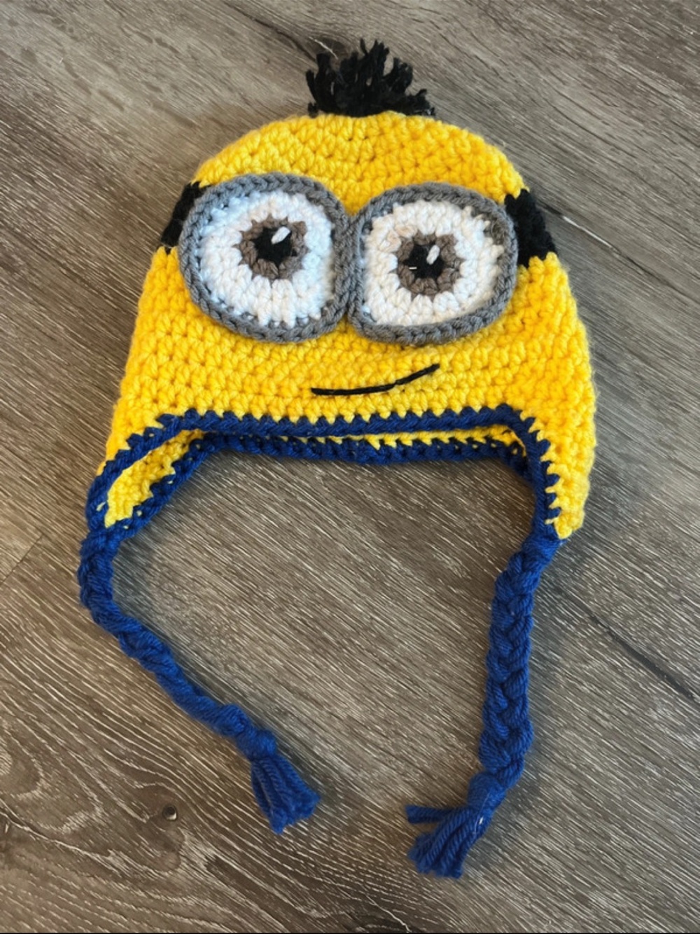Kids Yellow Minion-Style Crochet Beanie with Blue Trim
